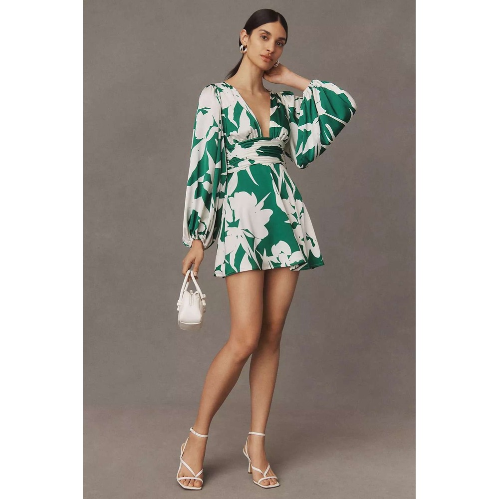Hutch Mini Dress Size 14 Green White Floral V-Neck Lantern Ballon Sleeve